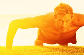 Sport fitness man push-ups. Male athlete exercising push up outs